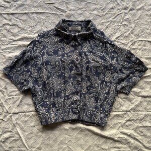 Paper Crane Navy Paisley Cropped Button Down Blouse - Boho Smocked Hem (XS)